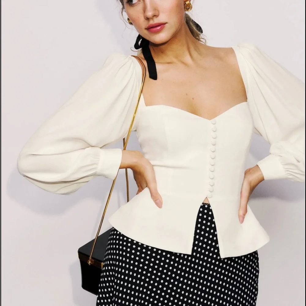 Reformation Ivory Puff-Sleeve Button Front Top